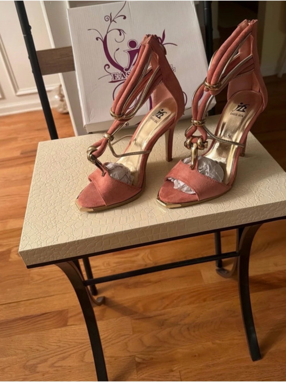 Coral Open-Toe High Heel Sandals with Gold Accents